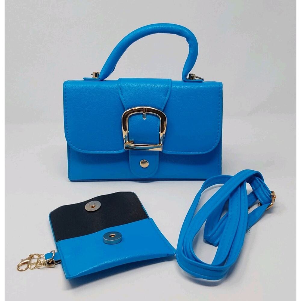 Womens Bright Blue Top Handle Crossbody Satchel Purse Handbag Wallet Set